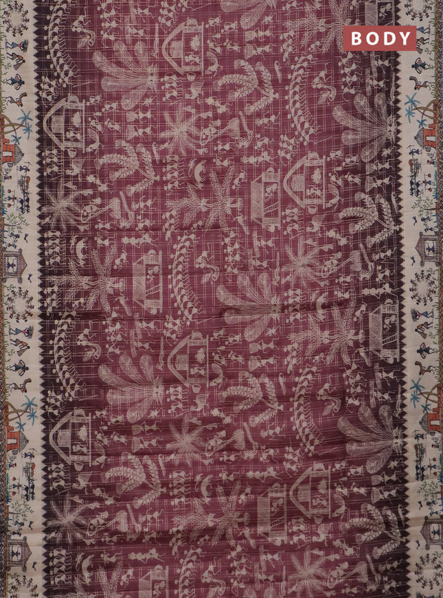 Semi tussar saree pastel maroon and cream with allover zari checks & warli prints  and printed border