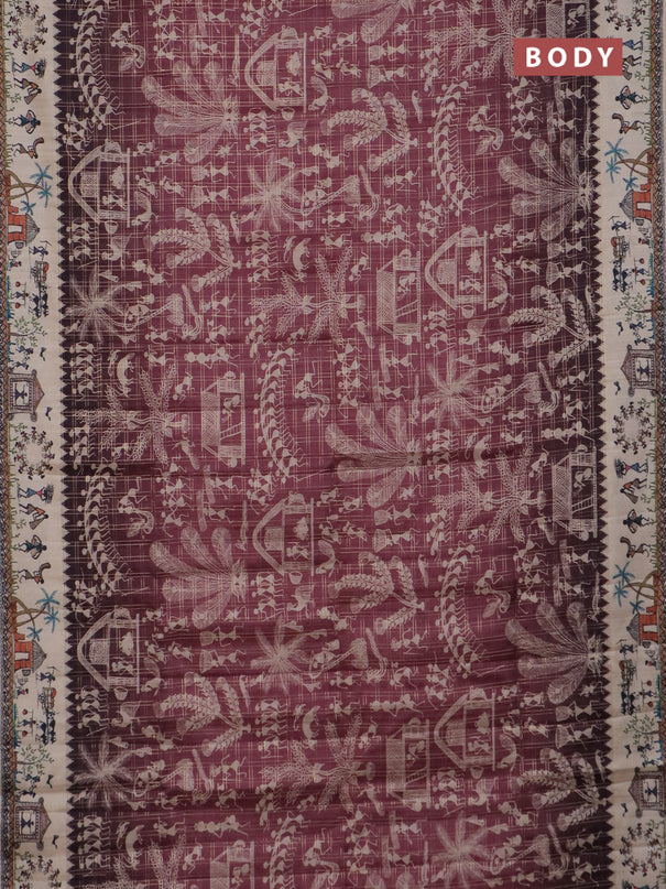Semi tussar saree pastel maroon and cream with allover zari checks & warli prints  and printed border