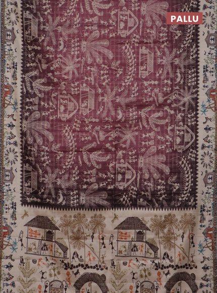 Semi tussar saree pastel maroon and cream with allover zari checks & warli prints  and printed border