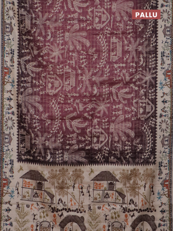 Semi tussar saree pastel maroon and cream with allover zari checks & warli prints  and printed border