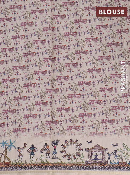 Semi tussar saree pastel maroon and cream with allover zari checks & warli prints  and printed border