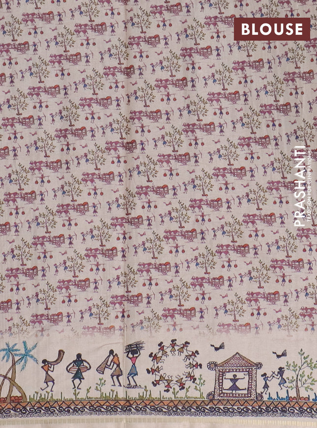 Semi tussar saree pastel maroon and cream with allover zari checks & warli prints  and printed border