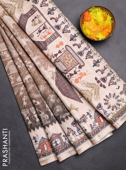 Semi tussar saree mahendi green and cream with allover zari checks & warli prints  and printed border