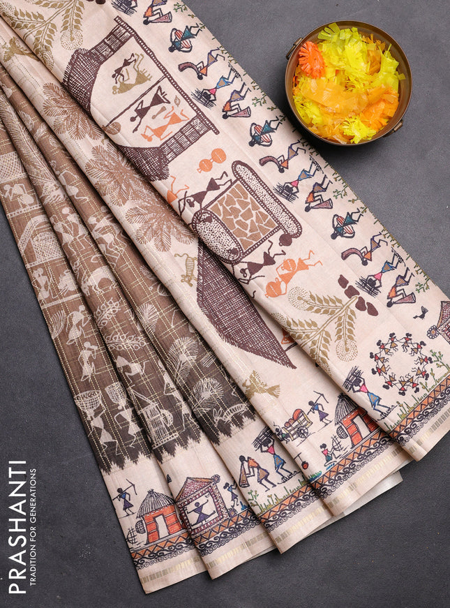 Semi tussar saree mahendi green and cream with allover zari checks & warli prints  and printed border