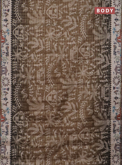 Semi tussar saree mahendi green and cream with allover zari checks & warli prints  and printed border