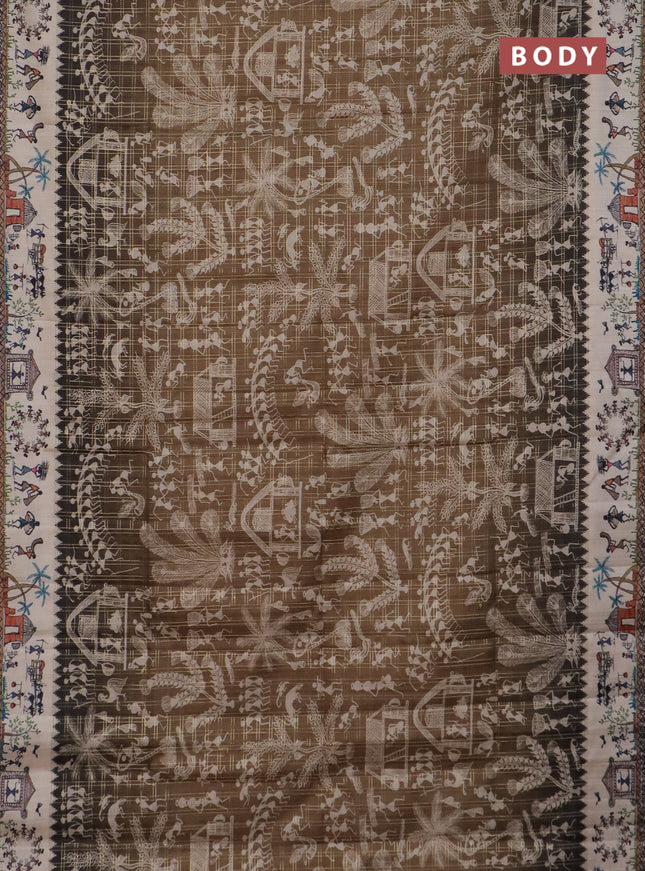 Semi tussar saree mahendi green and cream with allover zari checks & warli prints  and printed border