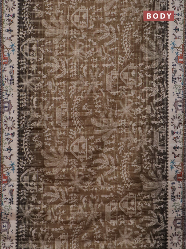 Semi tussar saree mahendi green and cream with allover zari checks & warli prints  and printed border