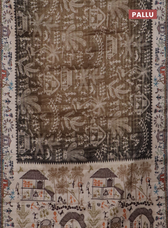 Semi tussar saree mahendi green and cream with allover zari checks & warli prints  and printed border