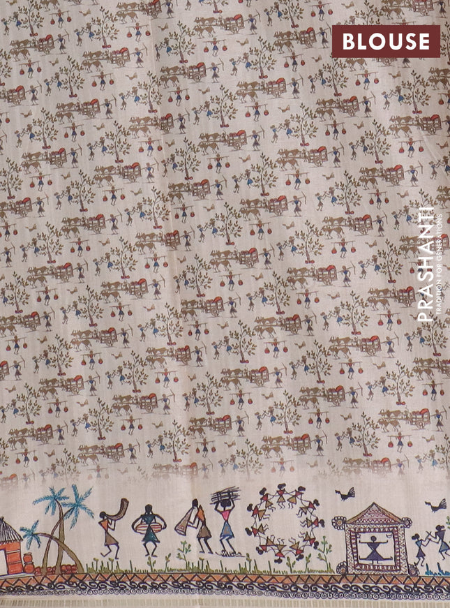 Semi tussar saree mahendi green and cream with allover zari checks & warli prints  and printed border