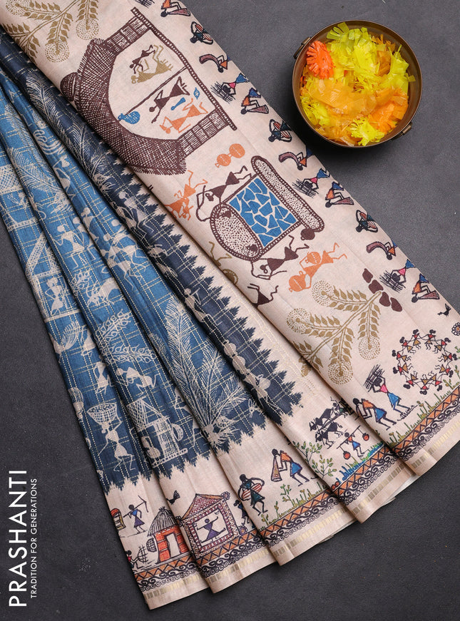 Semi tussar saree blue and cream with allover zari checks & warli prints  and printed border