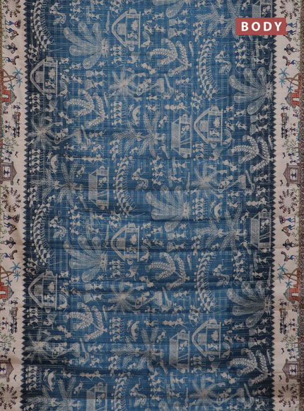 Semi tussar saree blue and cream with allover zari checks & warli prints  and printed border