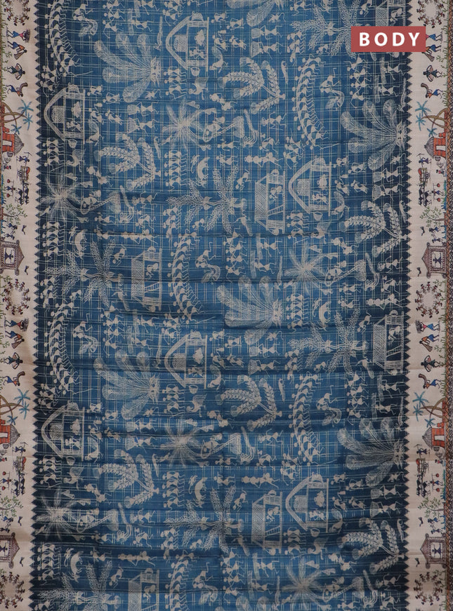 Semi tussar saree blue and cream with allover zari checks & warli prints  and printed border