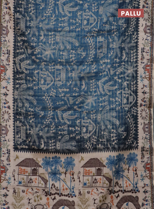 Semi tussar saree blue and cream with allover zari checks & warli prints  and printed border