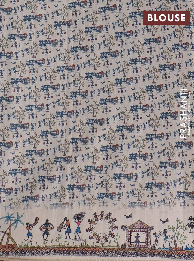 Semi tussar saree blue and cream with allover zari checks & warli prints  and printed border