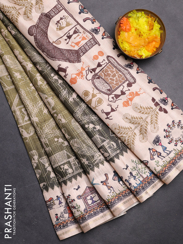 Semi tussar saree dark mehendi green and cream with allover zari checks & warli prints  and printed border