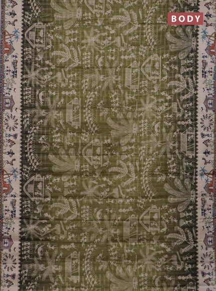 Semi tussar saree dark mehendi green and cream with allover zari checks & warli prints  and printed border