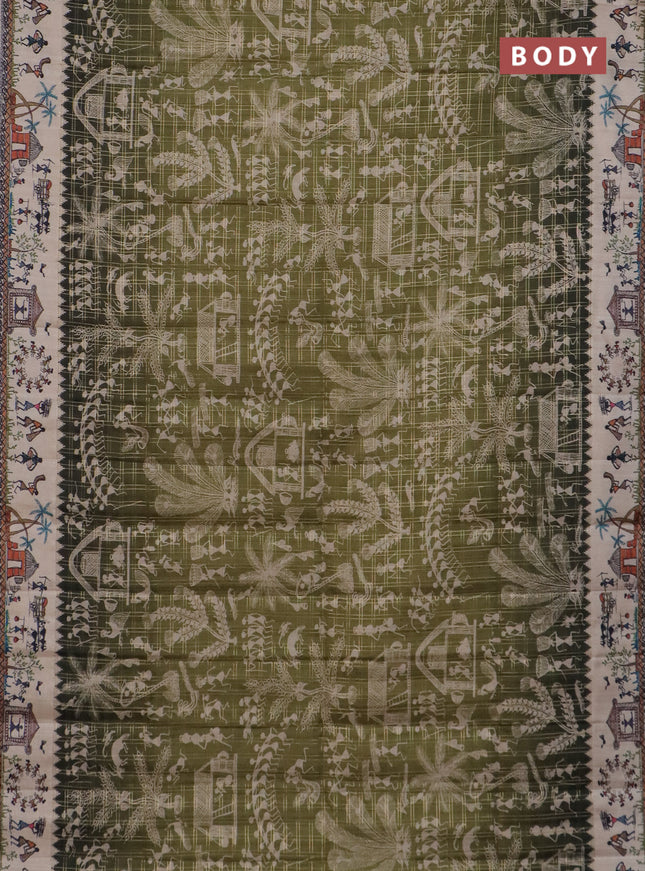 Semi tussar saree dark mehendi green and cream with allover zari checks & warli prints  and printed border