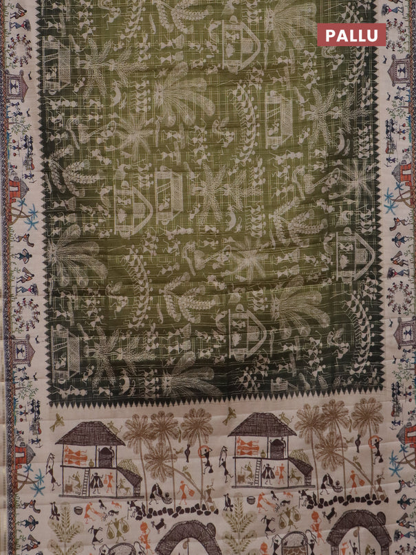 Semi tussar saree dark mehendi green and cream with allover zari checks & warli prints  and printed border