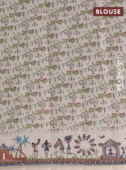 Semi tussar saree dark mehendi green and cream with allover zari checks & warli prints  and printed border