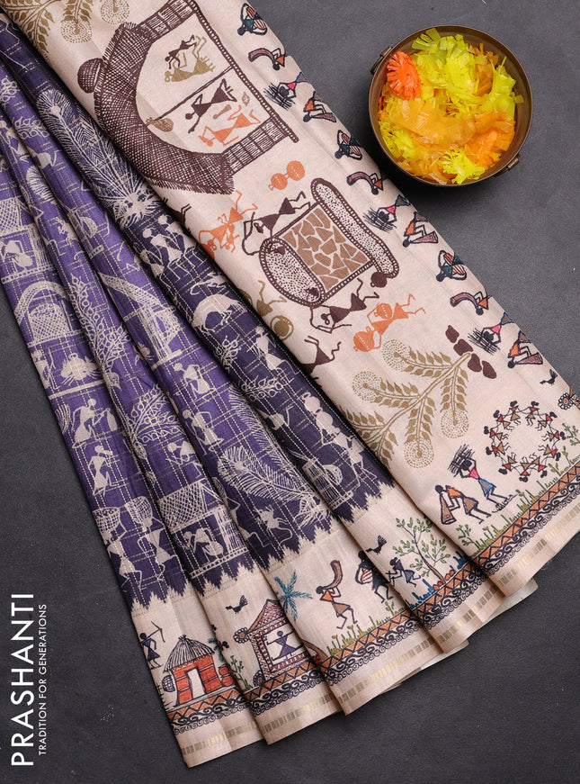 Semi tussar saree blue and cream with allover zari checks & warli prints  and printed border