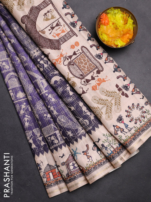 Semi tussar saree blue and cream with allover zari checks & warli prints  and printed border
