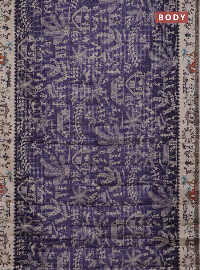 Semi tussar saree blue and cream with allover zari checks & warli prints  and printed border