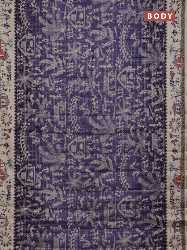 Semi tussar saree blue and cream with allover zari checks & warli prints  and printed border