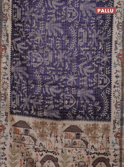 Semi tussar saree blue and cream with allover zari checks & warli prints  and printed border