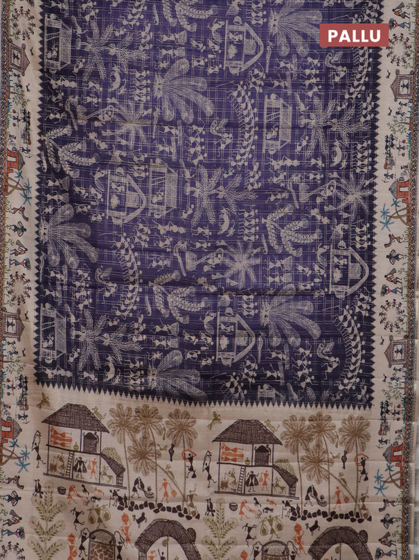 Semi tussar saree blue and cream with allover zari checks & warli prints  and printed border