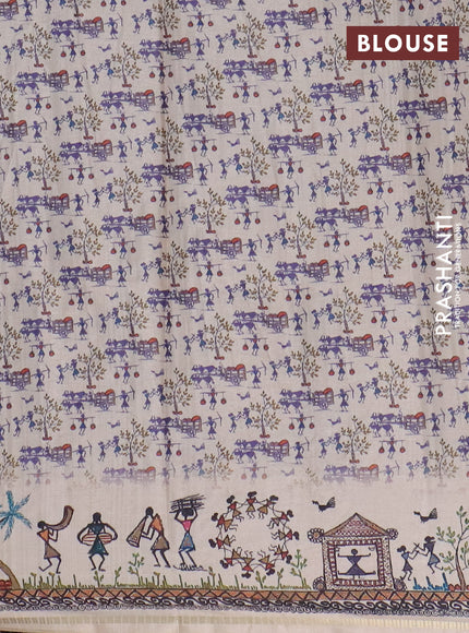 Semi tussar saree blue and cream with allover zari checks & warli prints  and printed border