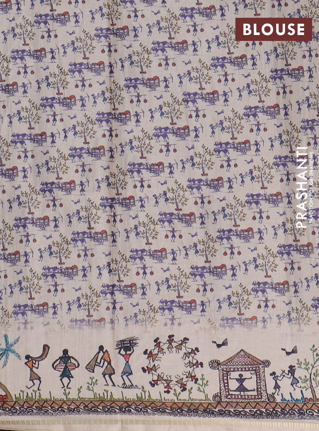 Semi tussar saree blue and cream with allover zari checks & warli prints  and printed border