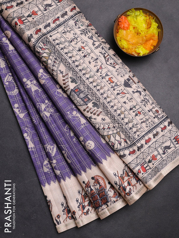 Semi tussar saree violet and cream with allover zari checks & warli prints  and printed border