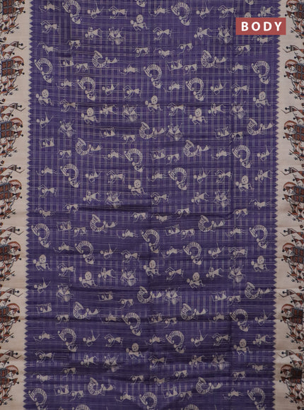 Semi tussar saree violet and cream with allover zari checks & warli prints  and printed border