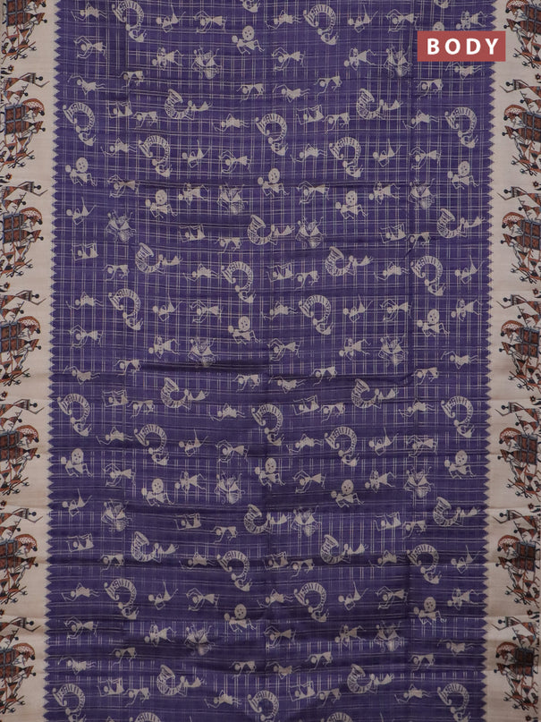 Semi tussar saree violet and cream with allover zari checks & warli prints  and printed border