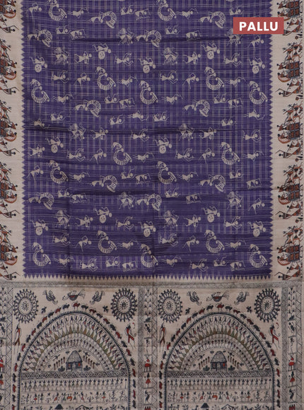 Semi tussar saree violet and cream with allover zari checks & warli prints  and printed border