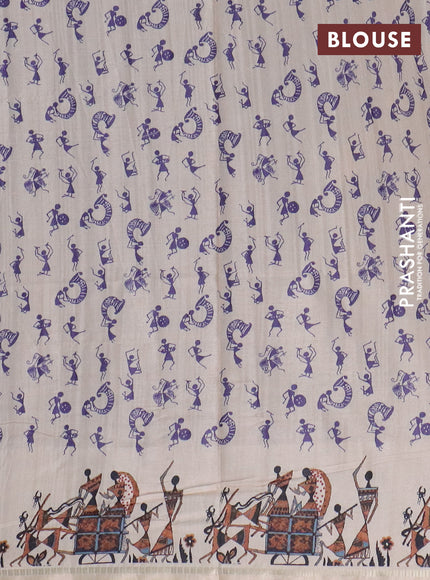 Semi tussar saree violet and cream with allover zari checks & warli prints  and printed border