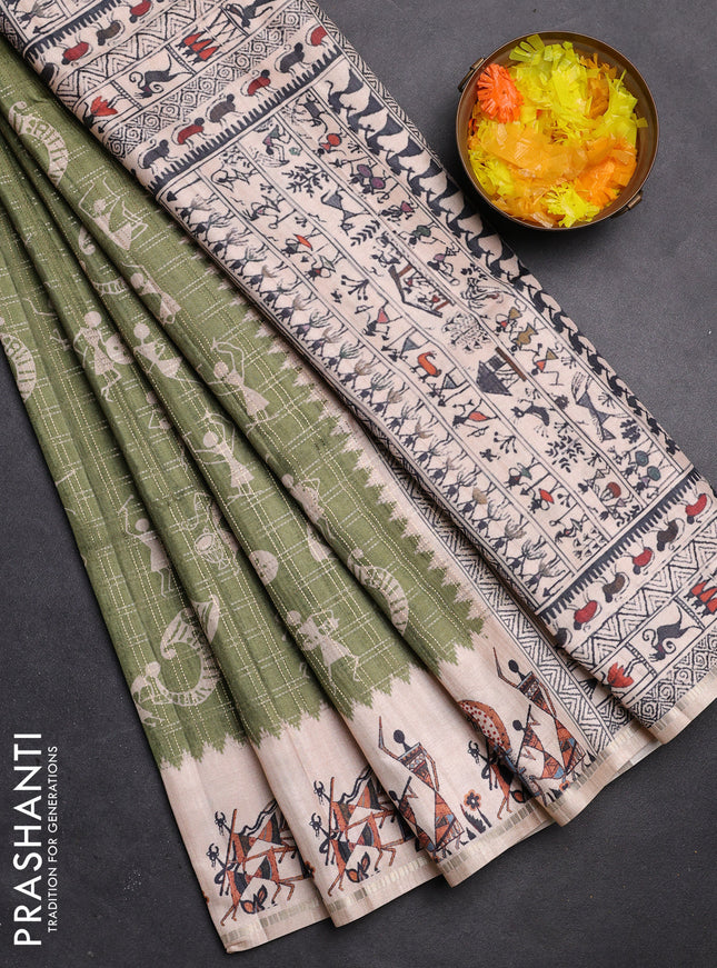 Semi tussar saree green and cream with allover kalamkari prints and zari woven border