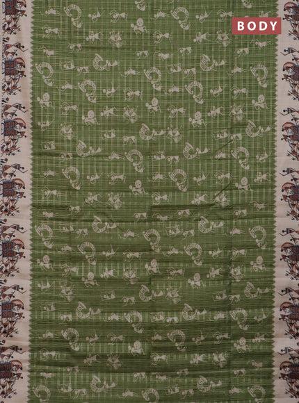 Semi tussar saree green and cream with allover kalamkari prints and zari woven border