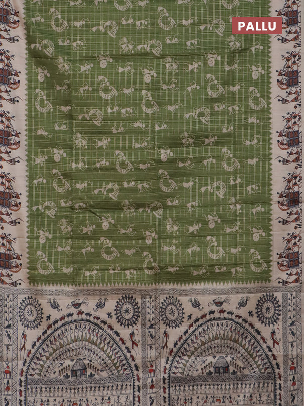 Semi tussar saree green and cream with allover kalamkari prints and zari woven border