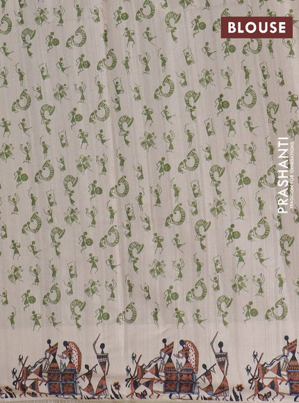 Semi tussar saree green and cream with allover kalamkari prints and zari woven border