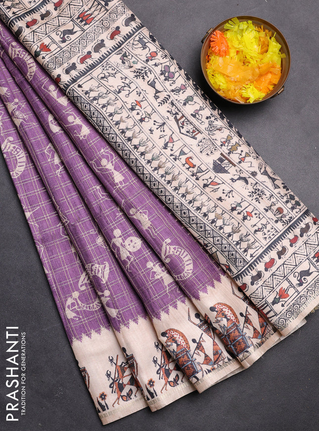 Semi tussar saree purple and cream with allover kalamkari prints and zari woven border