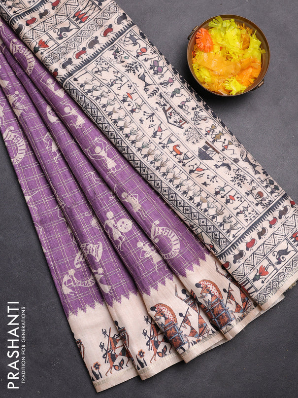 Semi tussar saree purple and cream with allover kalamkari prints and zari woven border