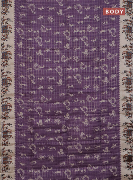 Semi tussar saree purple and cream with allover kalamkari prints and zari woven border