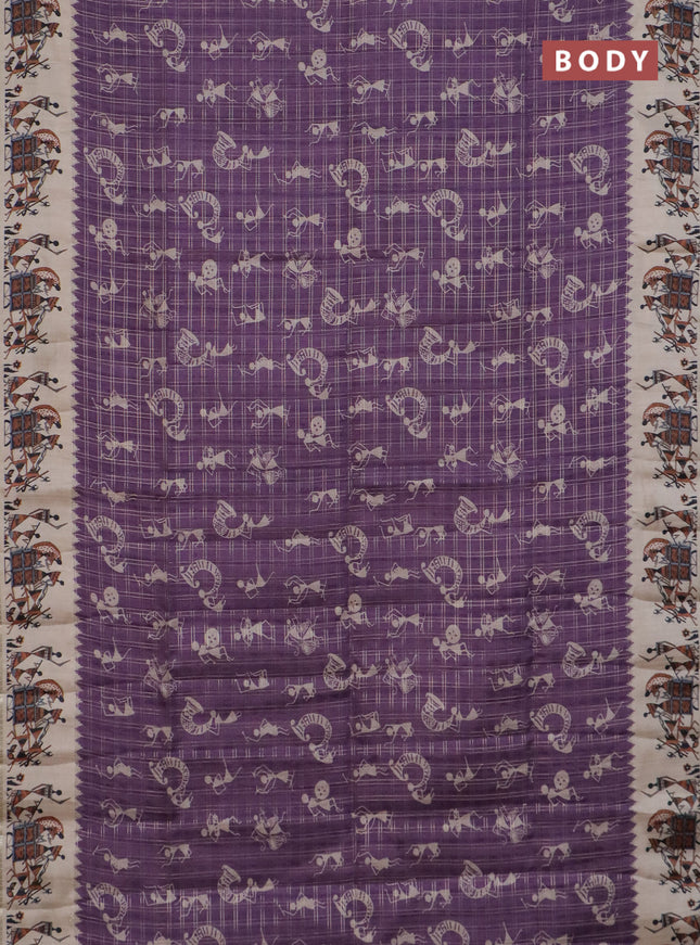 Semi tussar saree purple and cream with allover kalamkari prints and zari woven border