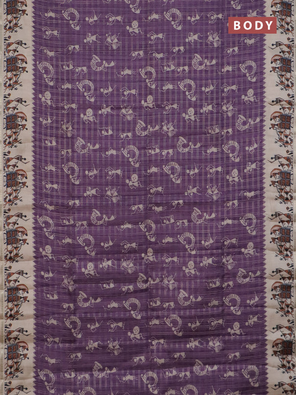 Semi tussar saree purple and cream with allover kalamkari prints and zari woven border