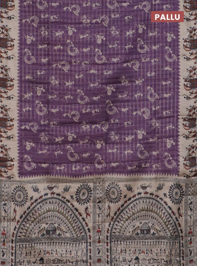 Semi tussar saree purple and cream with allover kalamkari prints and zari woven border