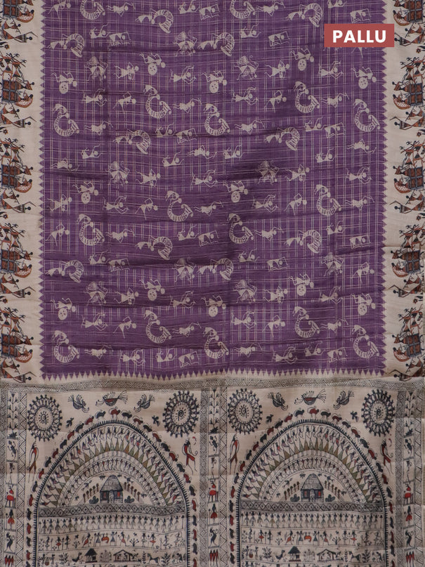 Semi tussar saree purple and cream with allover kalamkari prints and zari woven border