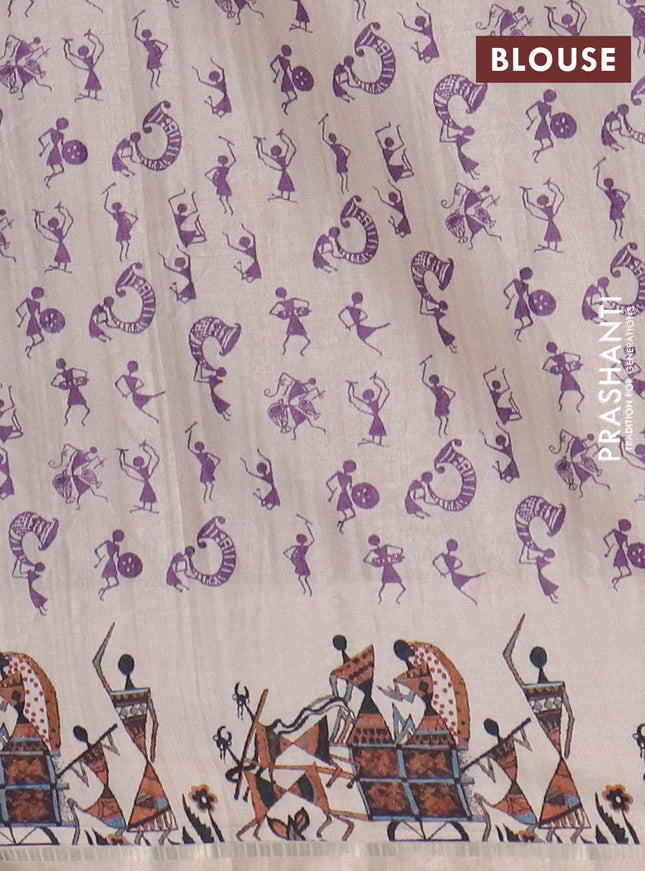 Semi tussar saree purple and cream with allover kalamkari prints and zari woven border