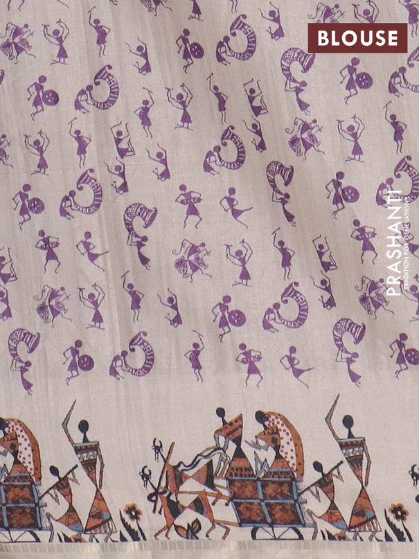 Semi tussar saree purple and cream with allover kalamkari prints and zari woven border