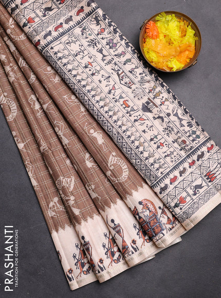 Semi tussar saree brown and cream with allover kalamkari prints and zari woven border